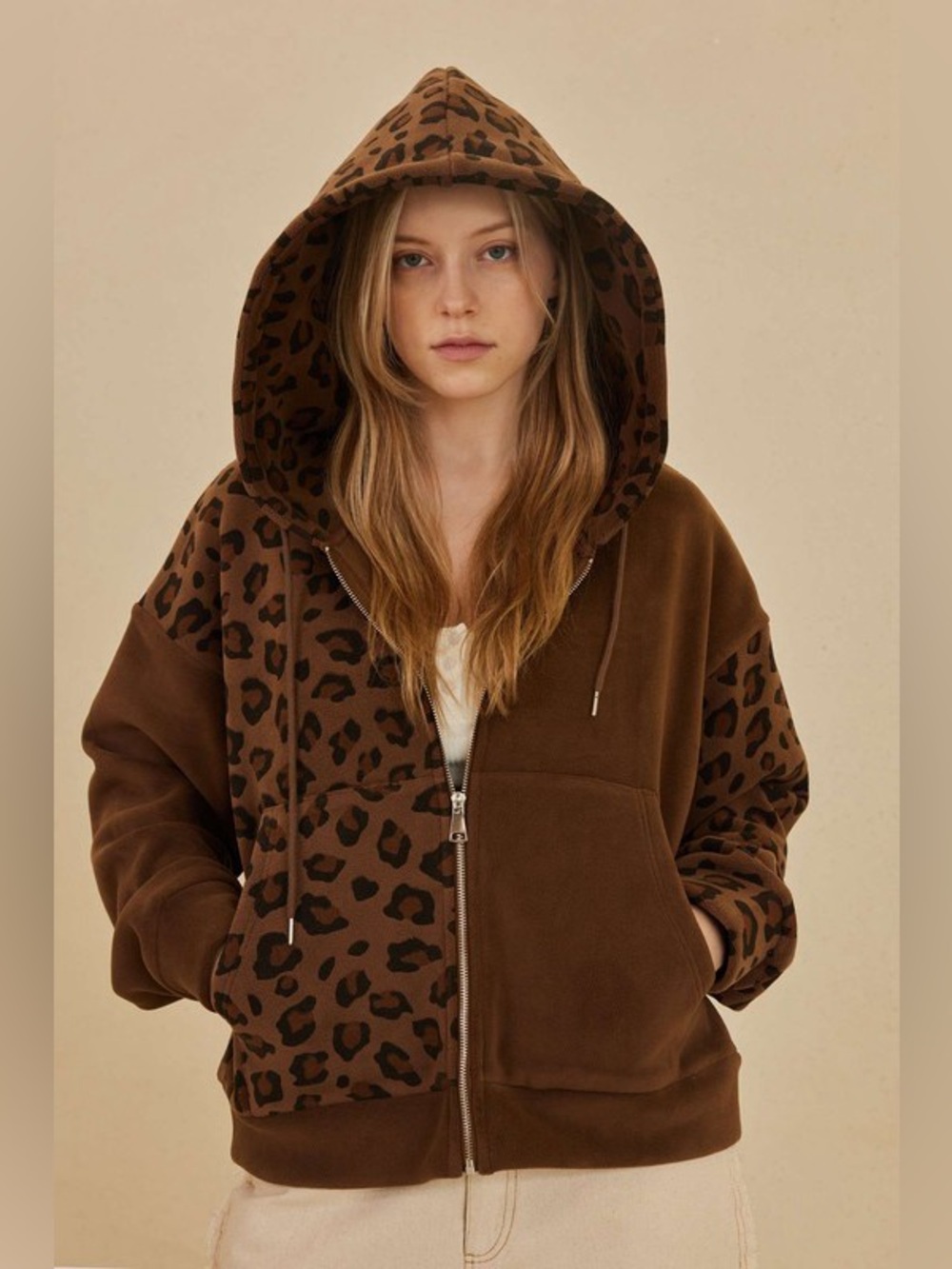 Mello Brown Leopard Print Zip-Up Hoodie Jacket